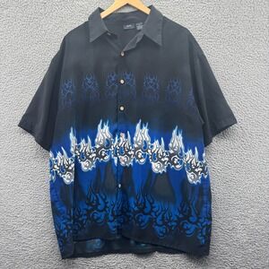 Vintage Y2K Flame Button Up Shirt Mens XL Black Blue Baileys Point
